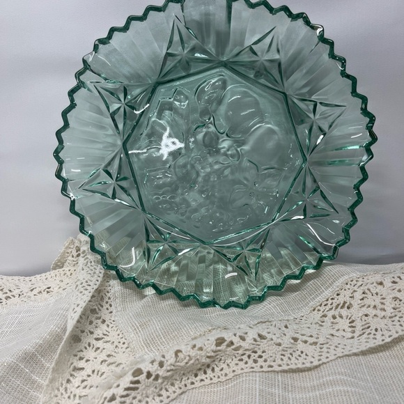 Federal Glass Pioneer fruit bowl, star & fan panels, 11”, scalloped aqua rim USA - Picture 4 of 7